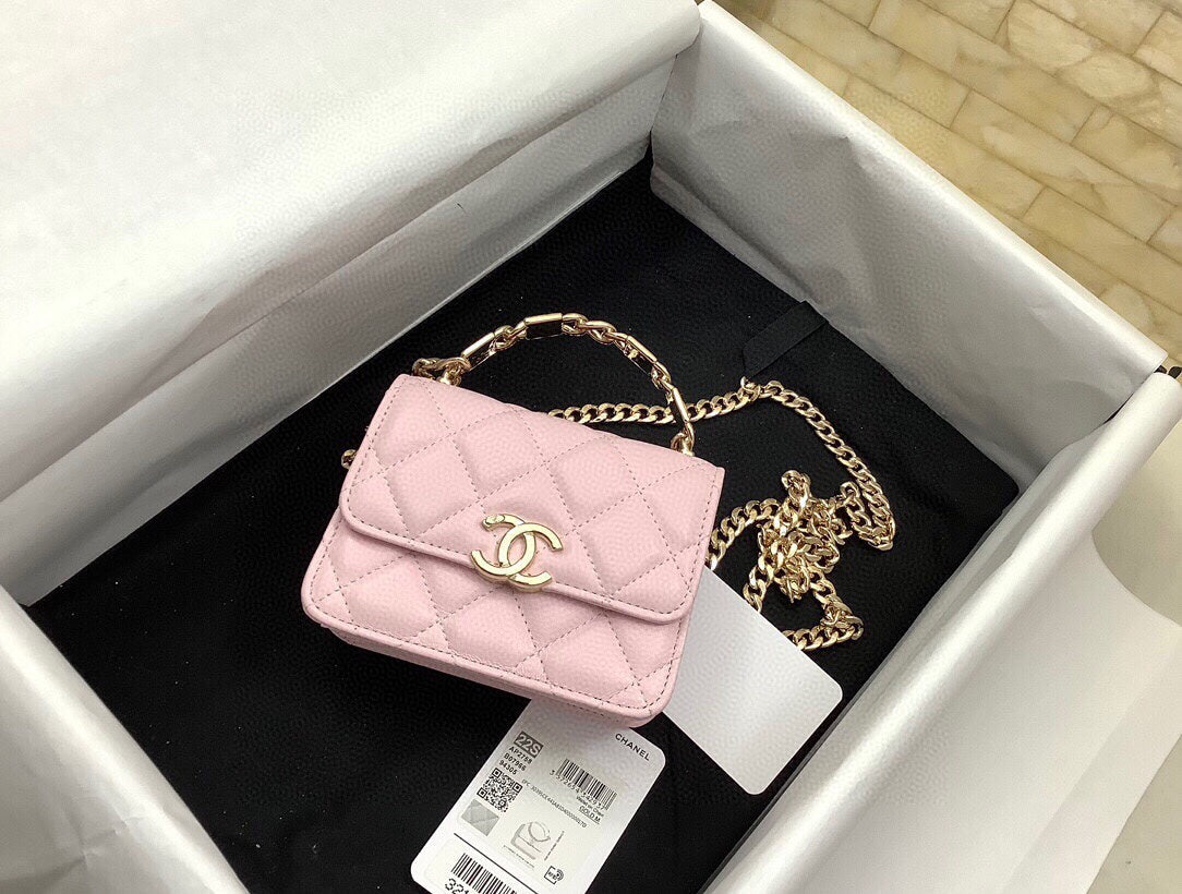 CC WOC 13CM WITH TOP HANDLE PINK QUILTED CALFSKIN GOLD HARDWARE