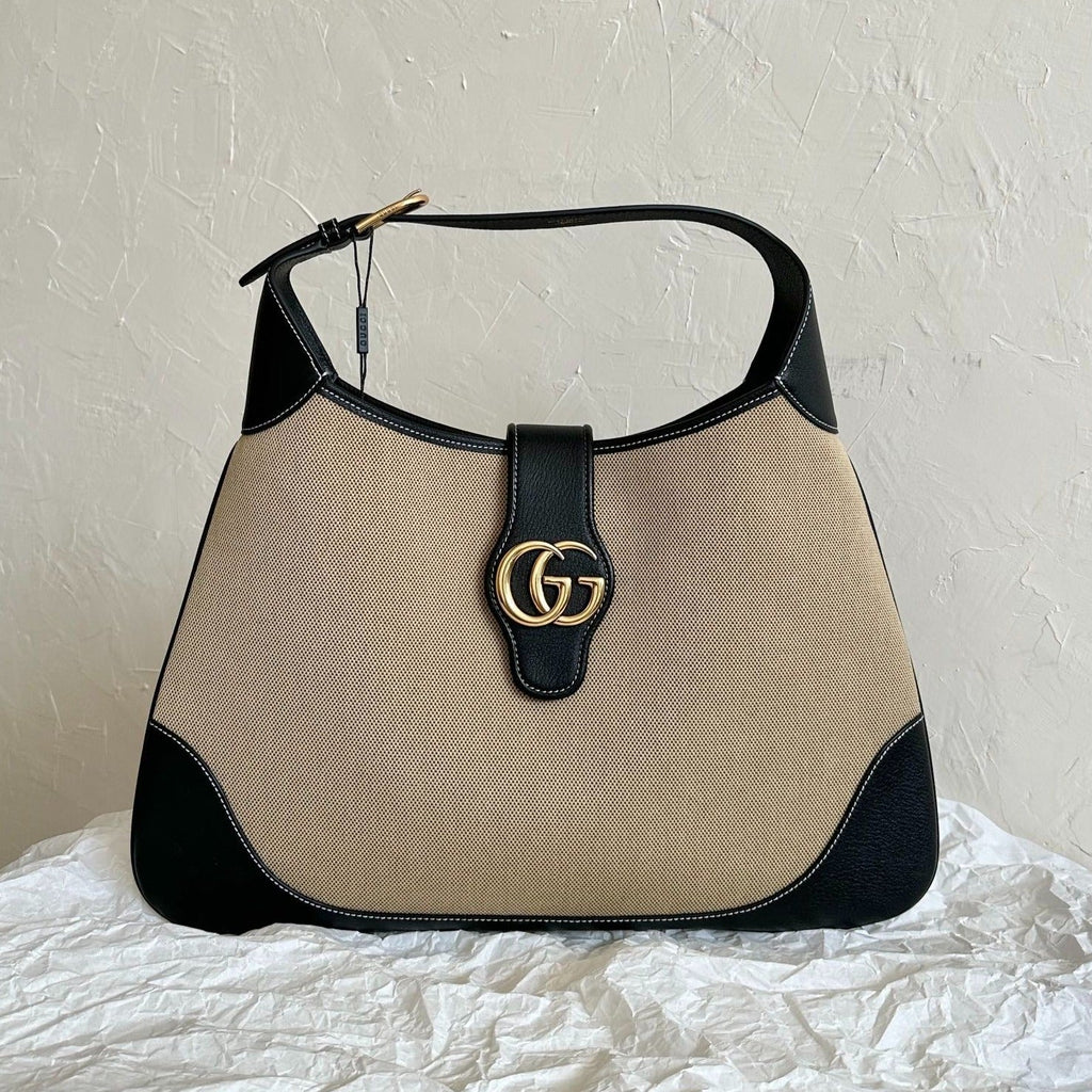 GRAND SAC APHRODITE 47 TOILE BEIGE ET CUIR DE VEAU NOIR