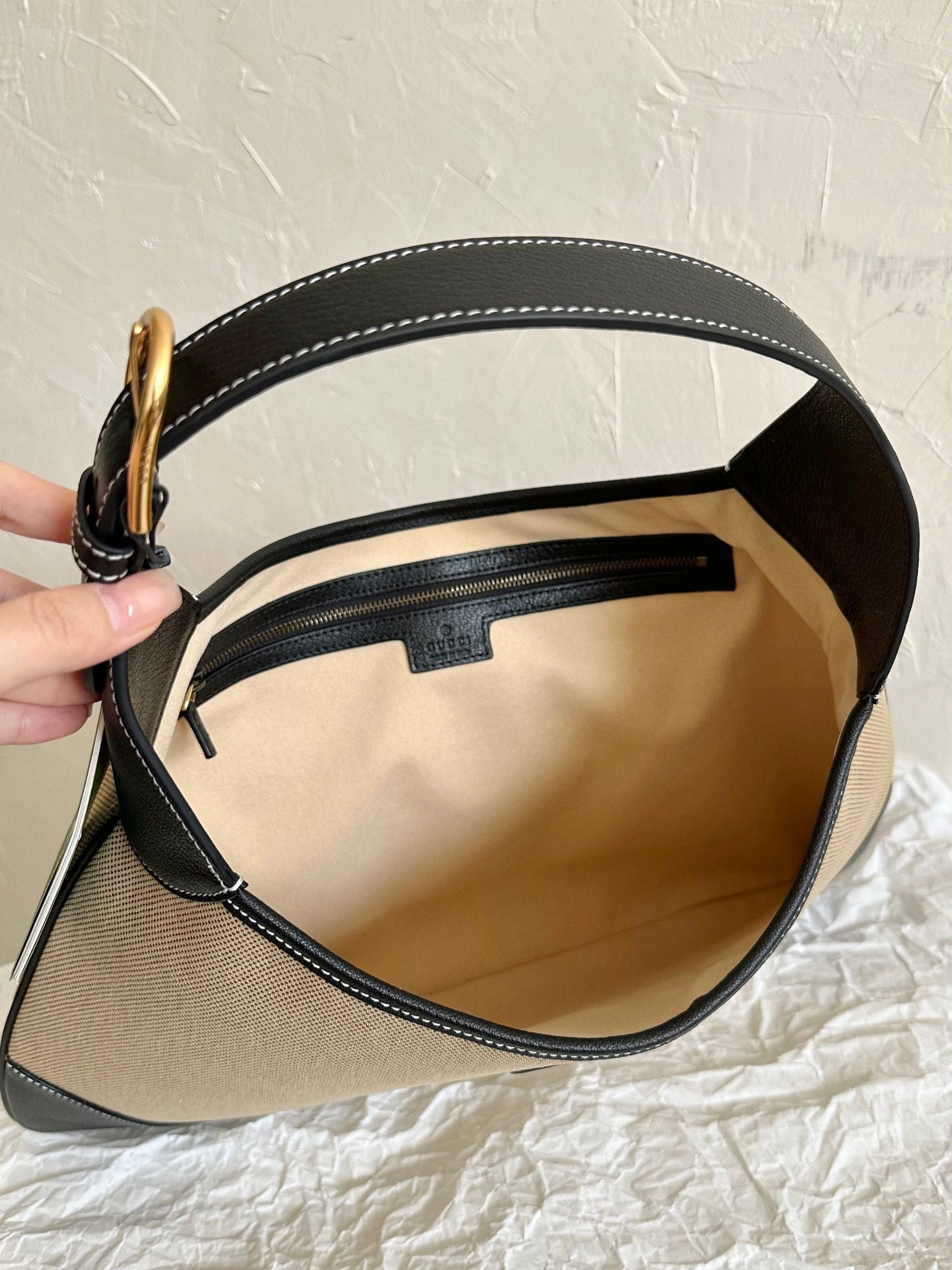GRAND SAC APHRODITE 47 TOILE BEIGE ET CUIR DE VEAU NOIR