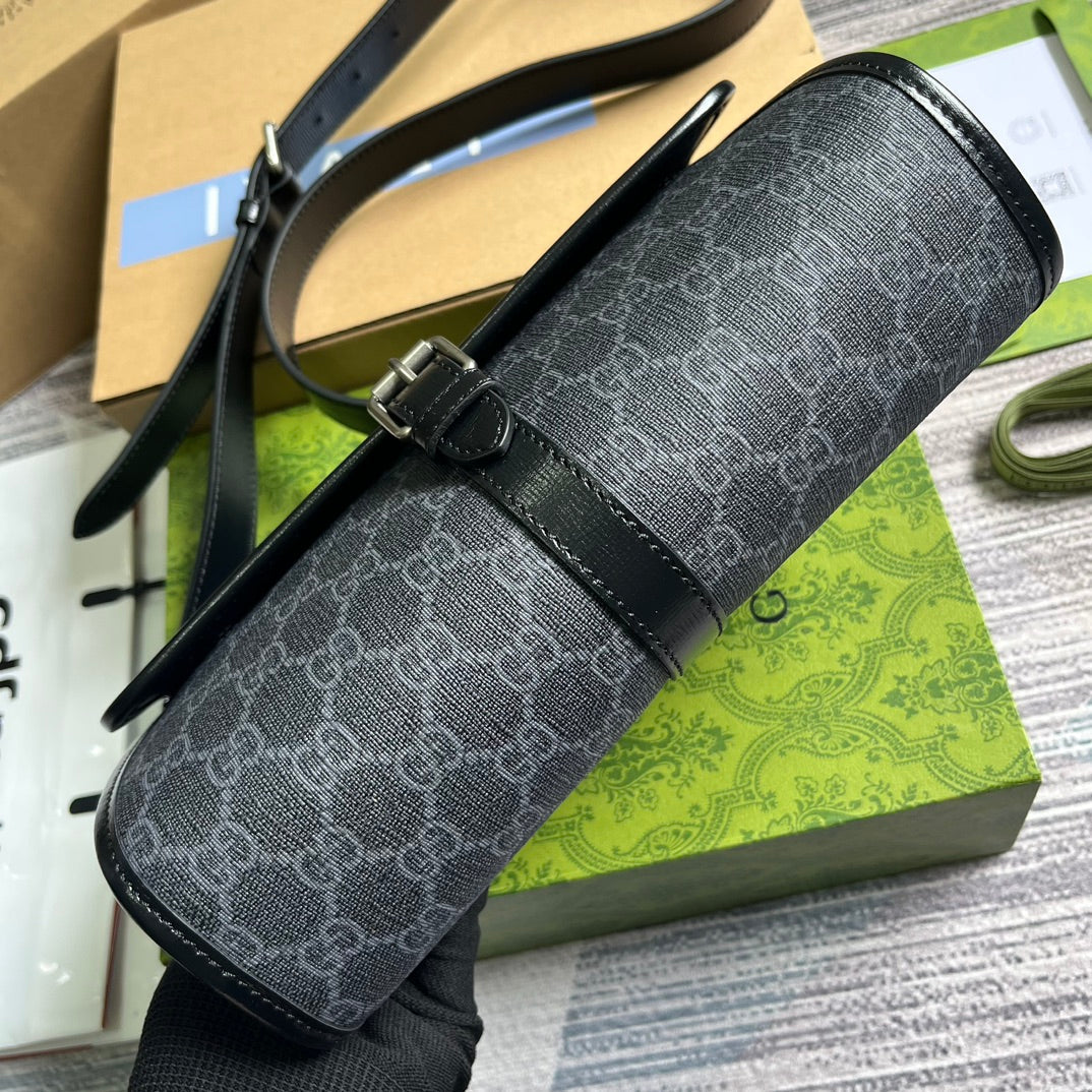 SAC MESSAGER 25 EN TOILE GRIS FONCÉ ET CUIR DE VEAU NOIR