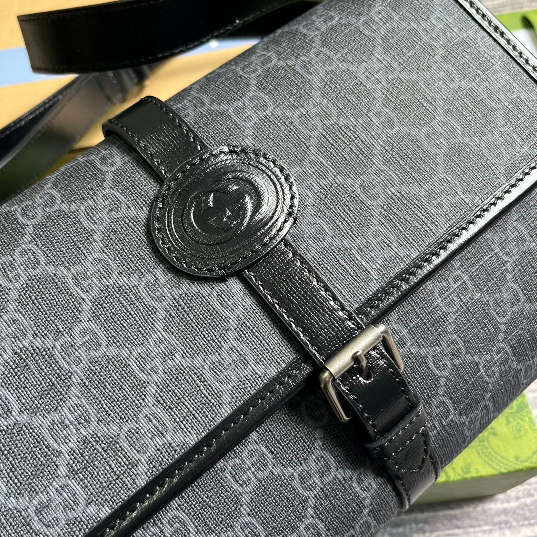 SAC MESSAGER 25 EN TOILE GRIS FONCÉ ET CUIR DE VEAU NOIR