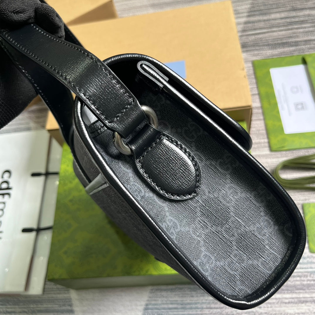 SAC MESSAGER 25 EN TOILE GRIS FONCÉ ET CUIR DE VEAU NOIR