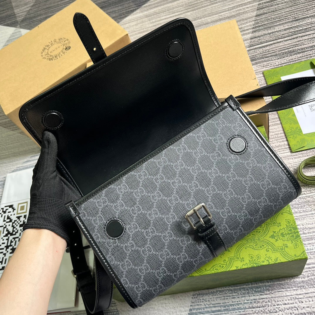SAC MESSAGER 25 EN TOILE GRIS FONCÉ ET CUIR DE VEAU NOIR