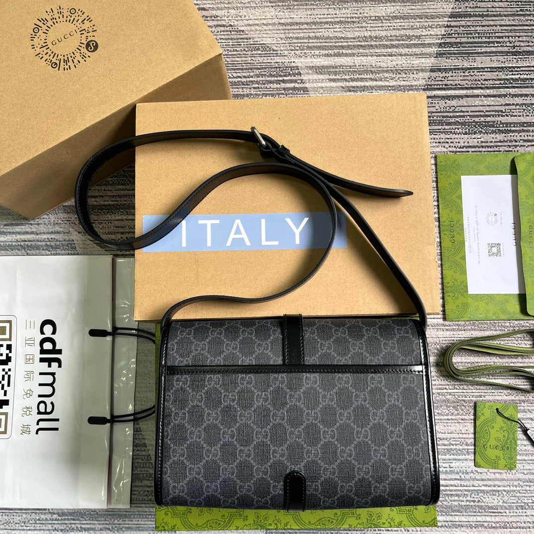 SAC MESSAGER 25 EN TOILE GRIS FONCÉ ET CUIR DE VEAU NOIR