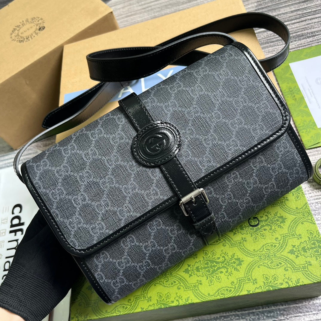 SAC MESSAGER 25 EN TOILE GRIS FONCÉ ET CUIR DE VEAU NOIR