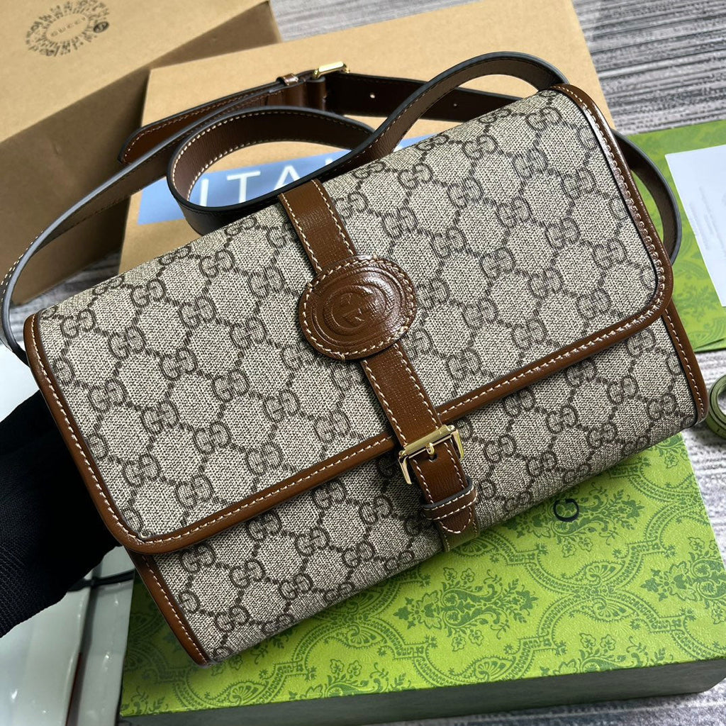 SAC MESSAGER 25 EN TOILE BEIGE ET CUIR DE VEAU MARRON