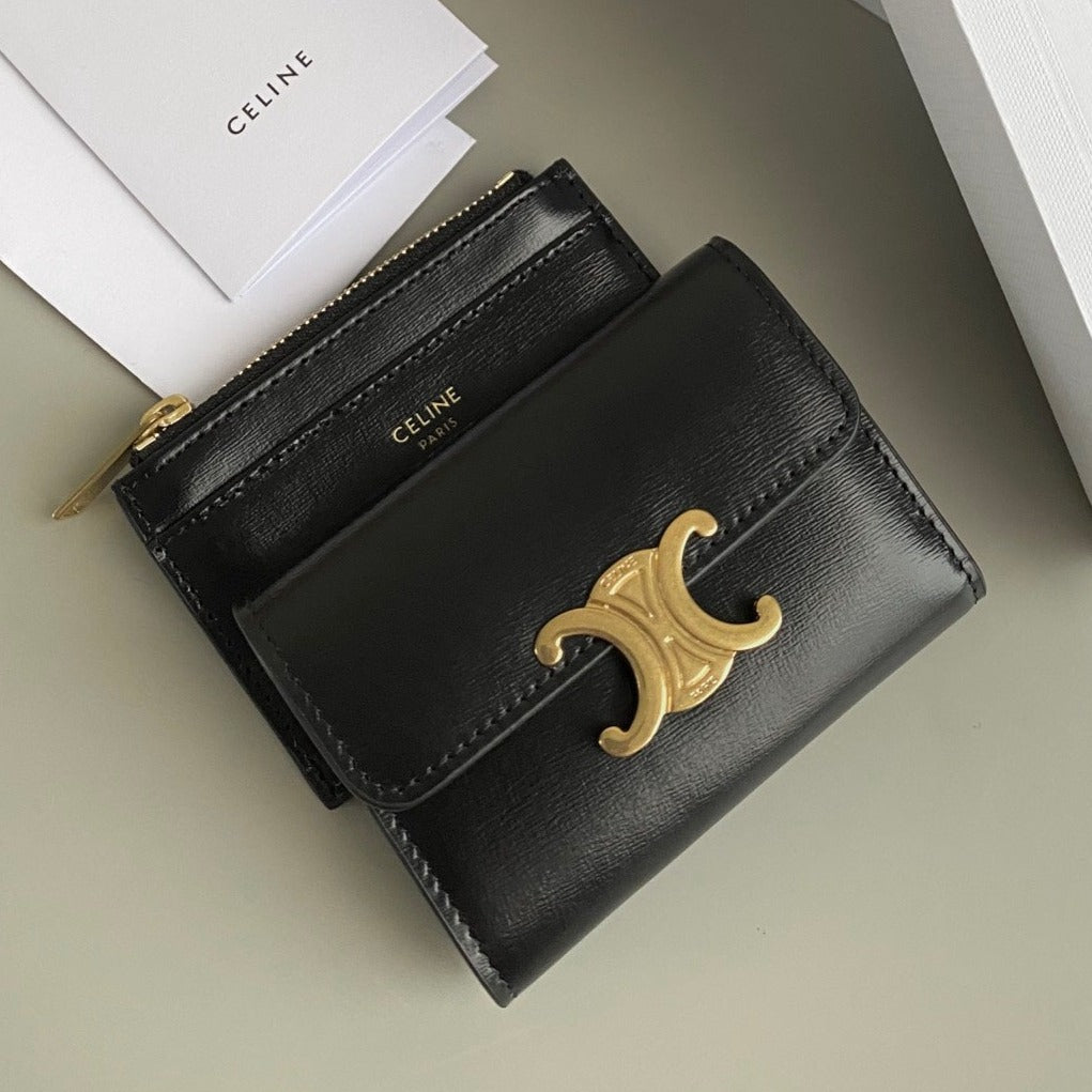 PORTEFEUILLE TRIPHOME 9 DEUX EN UN EN CUIR DE VEAU NOIR