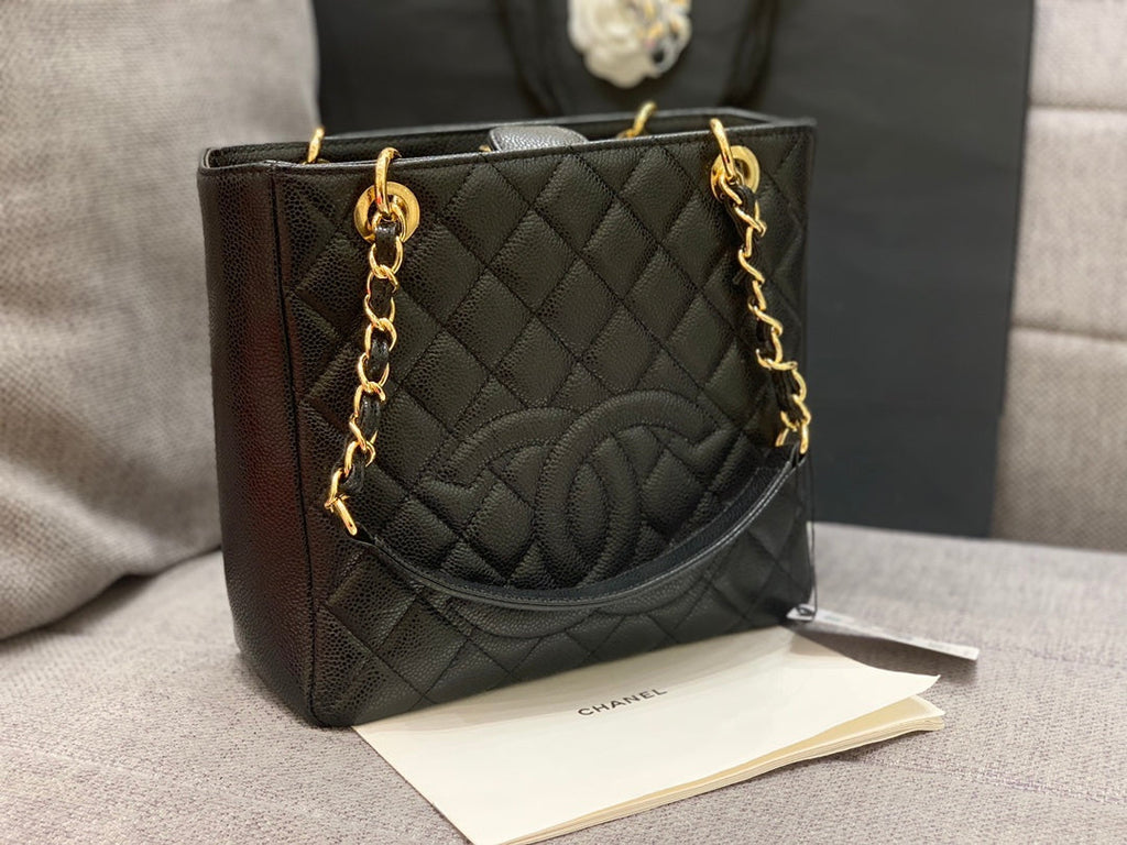 Grand sac cabas classique 24 cm, noir caviar, matériel doré