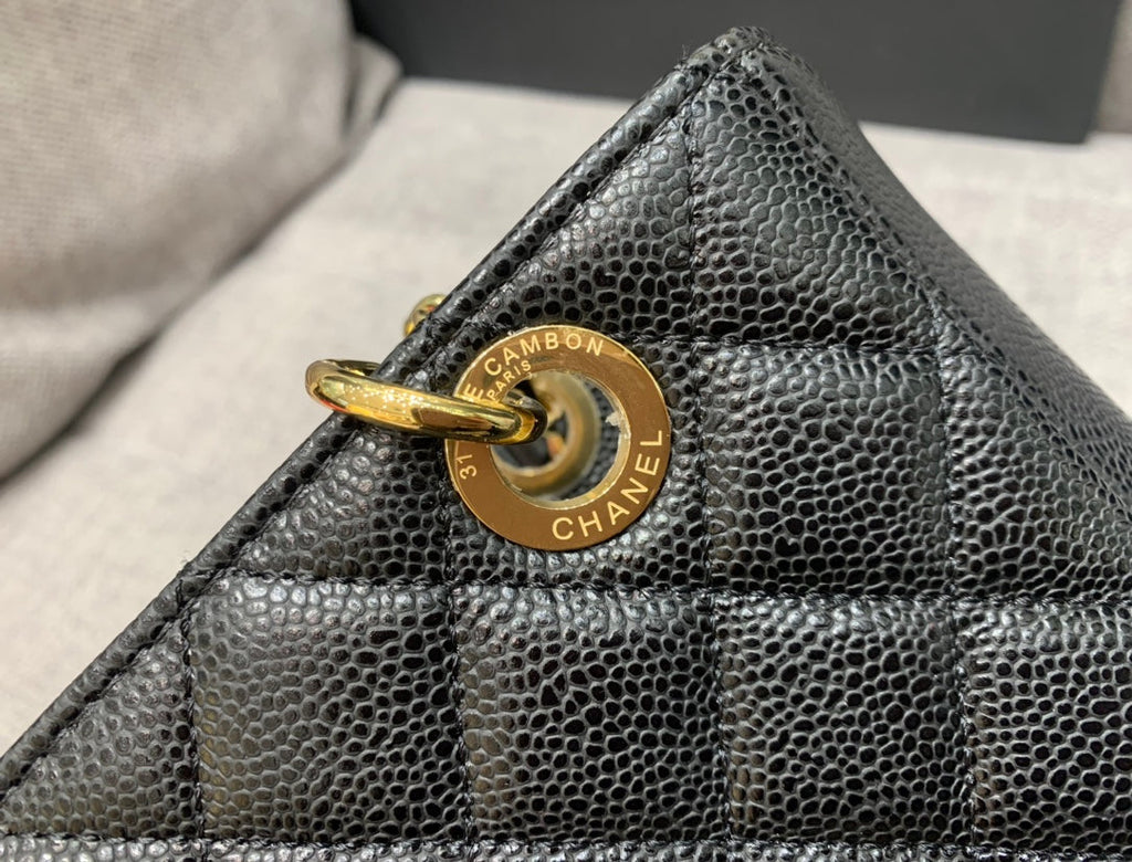 Grand sac cabas classique 24 cm, noir caviar, matériel doré