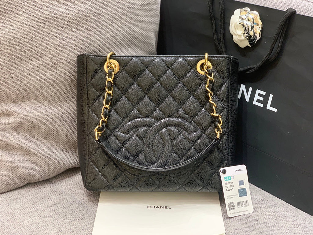 Grand sac cabas classique 24 cm, noir caviar, matériel doré