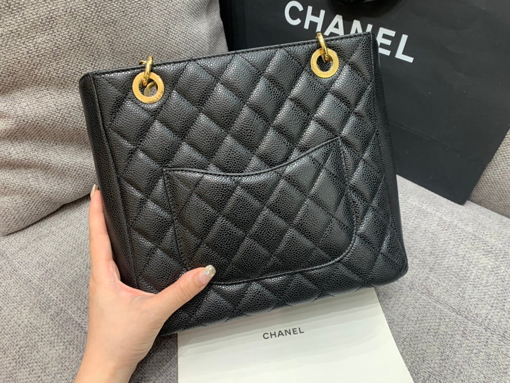 Grand sac cabas classique 24 cm, noir caviar, matériel doré