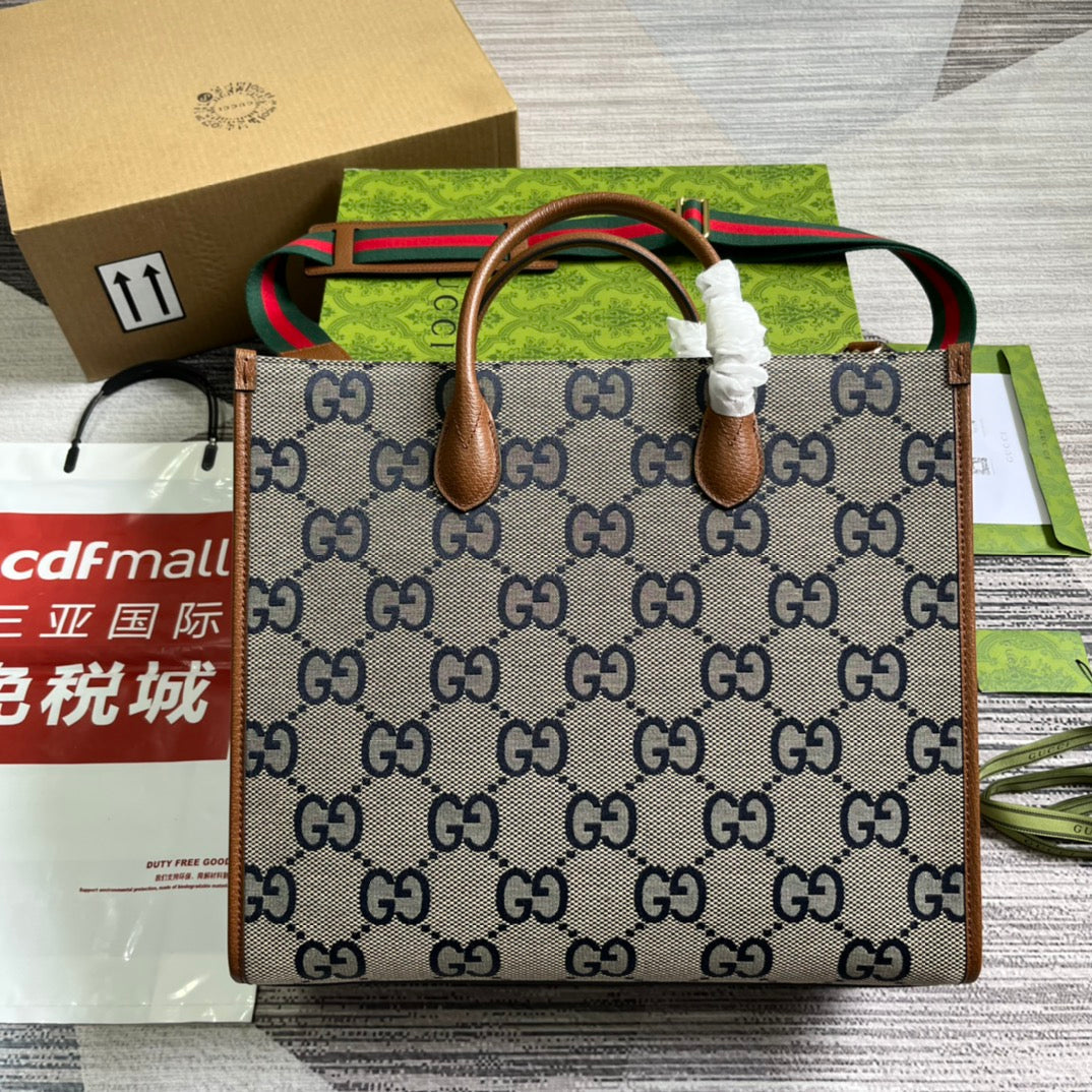 Grand sac cabas GG 37 en toile grise et cuir de veau marron