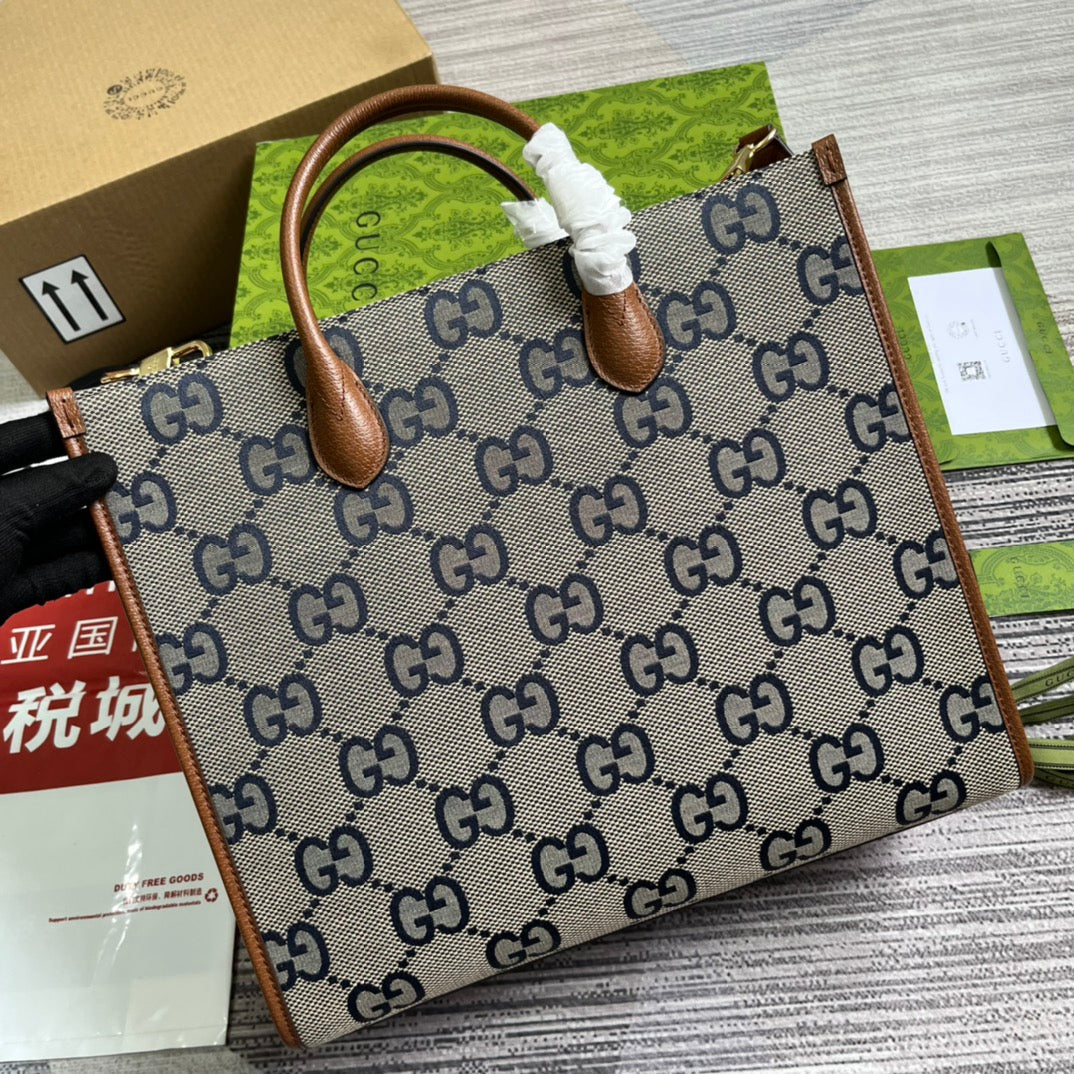 Grand sac cabas GG 37 en toile grise et cuir de veau marron