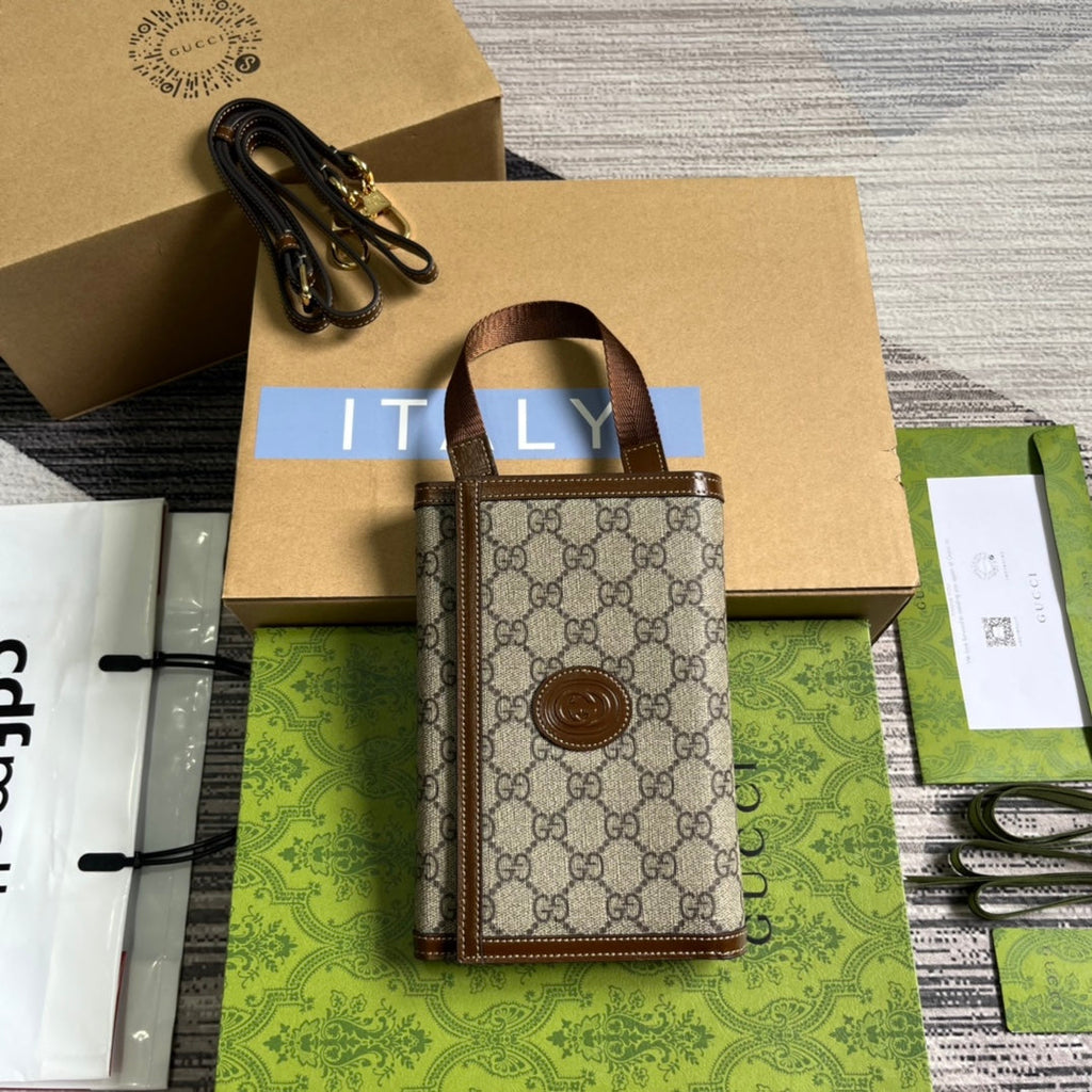 Pochette GG 20 à fermoir en toile beige et cuir de veau marron