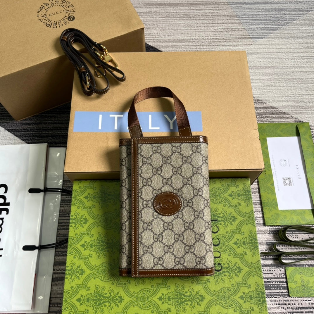 Pochette GG 20 à fermoir en toile beige et cuir de veau marron