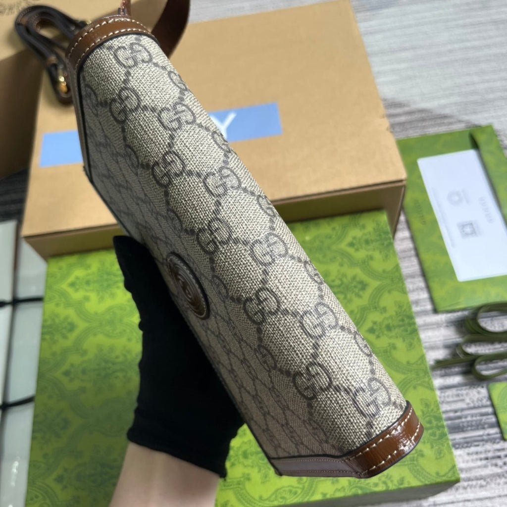 Pochette GG 20 à fermoir en toile beige et cuir de veau marron