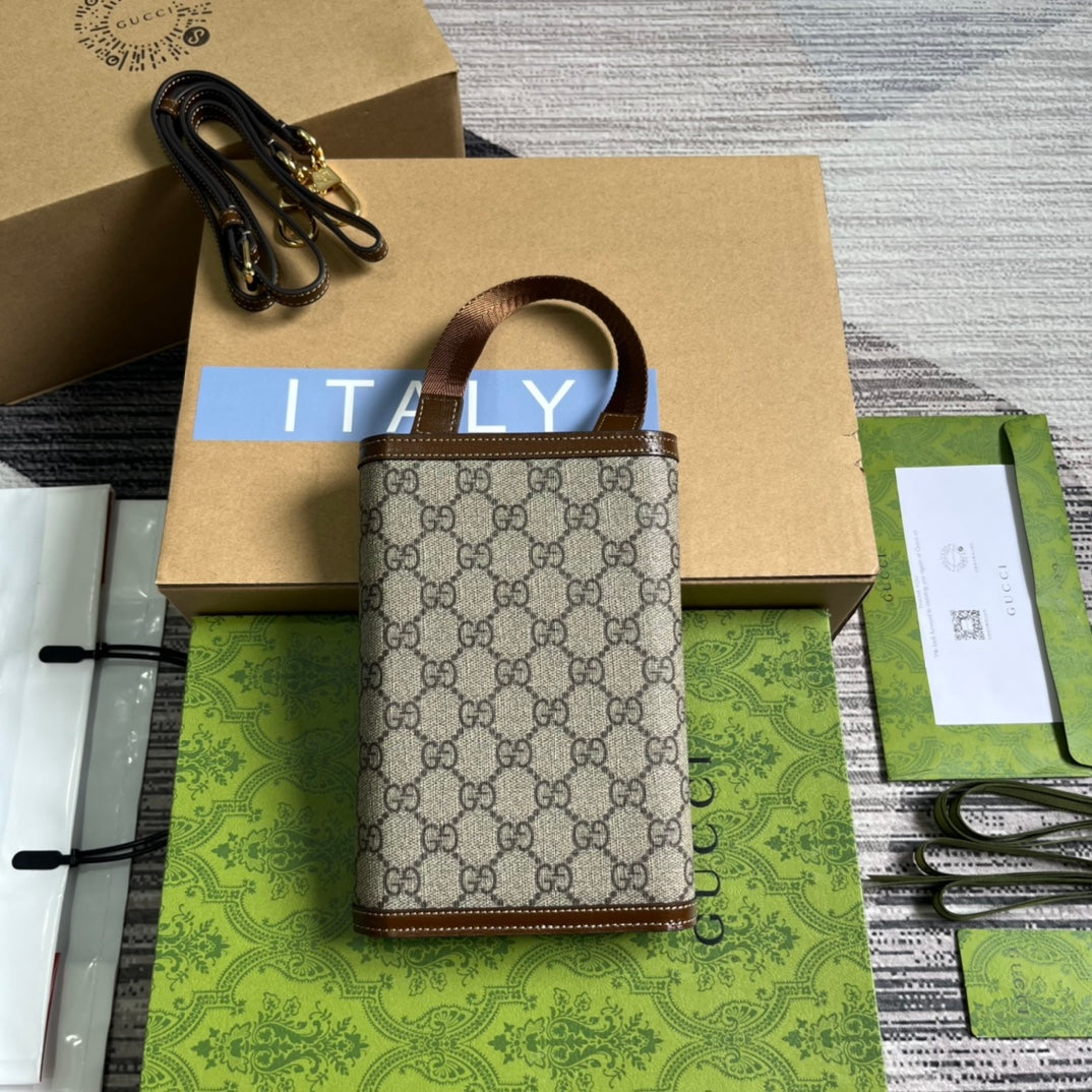 Pochette GG 20 à fermoir en toile beige et cuir de veau marron
