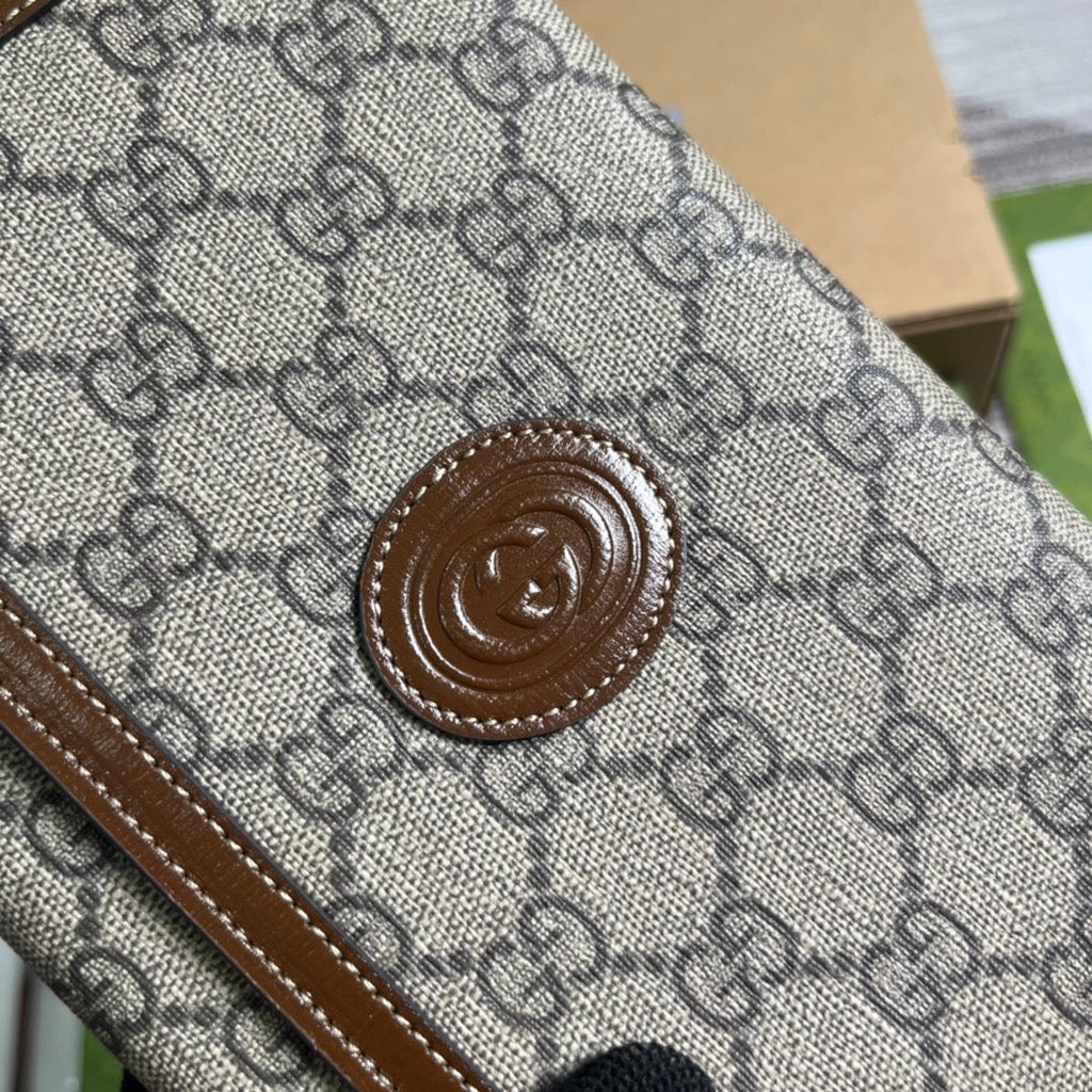 Pochette GG 20 à fermoir en toile beige et cuir de veau marron