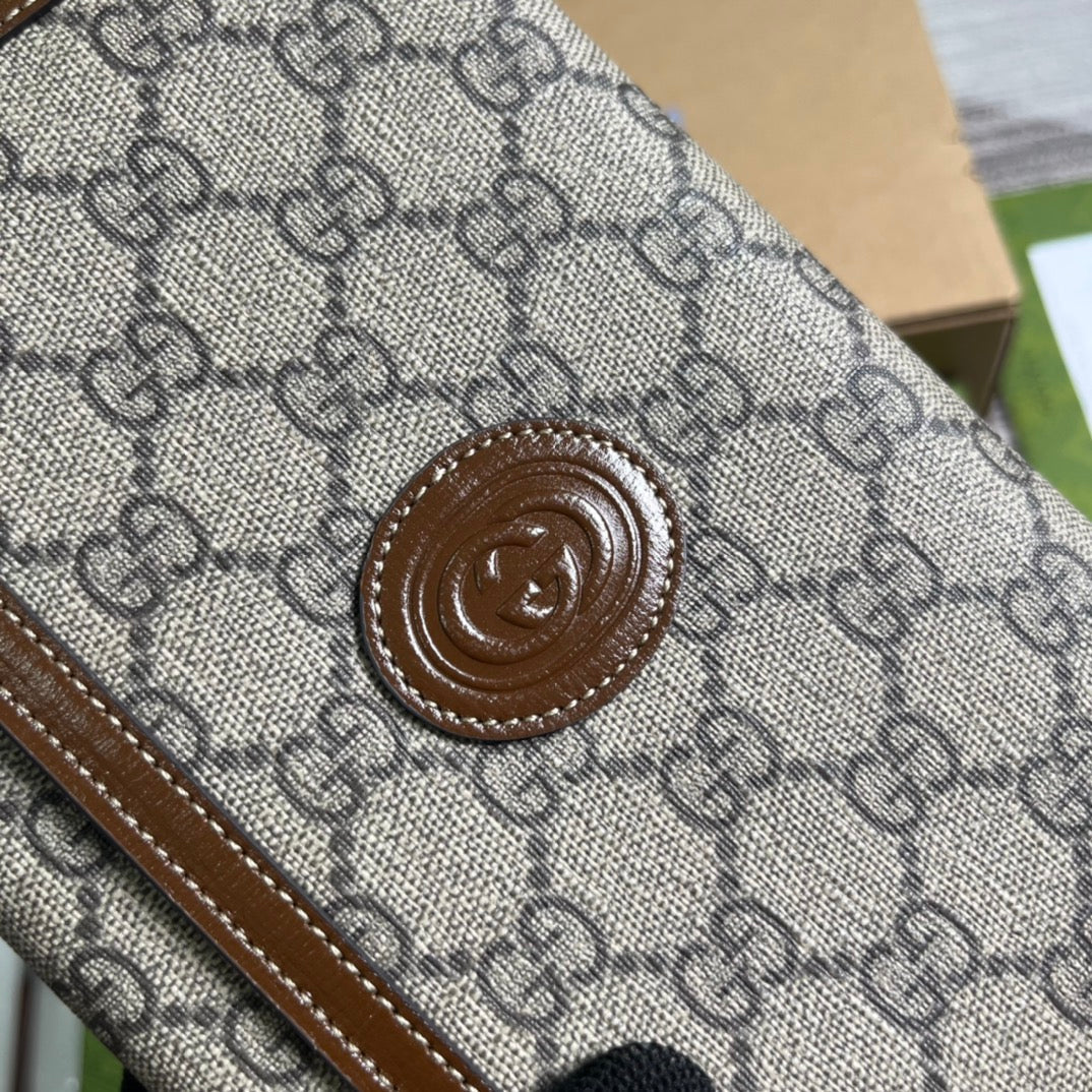 Pochette GG 20 à fermoir en toile beige et cuir de veau marron