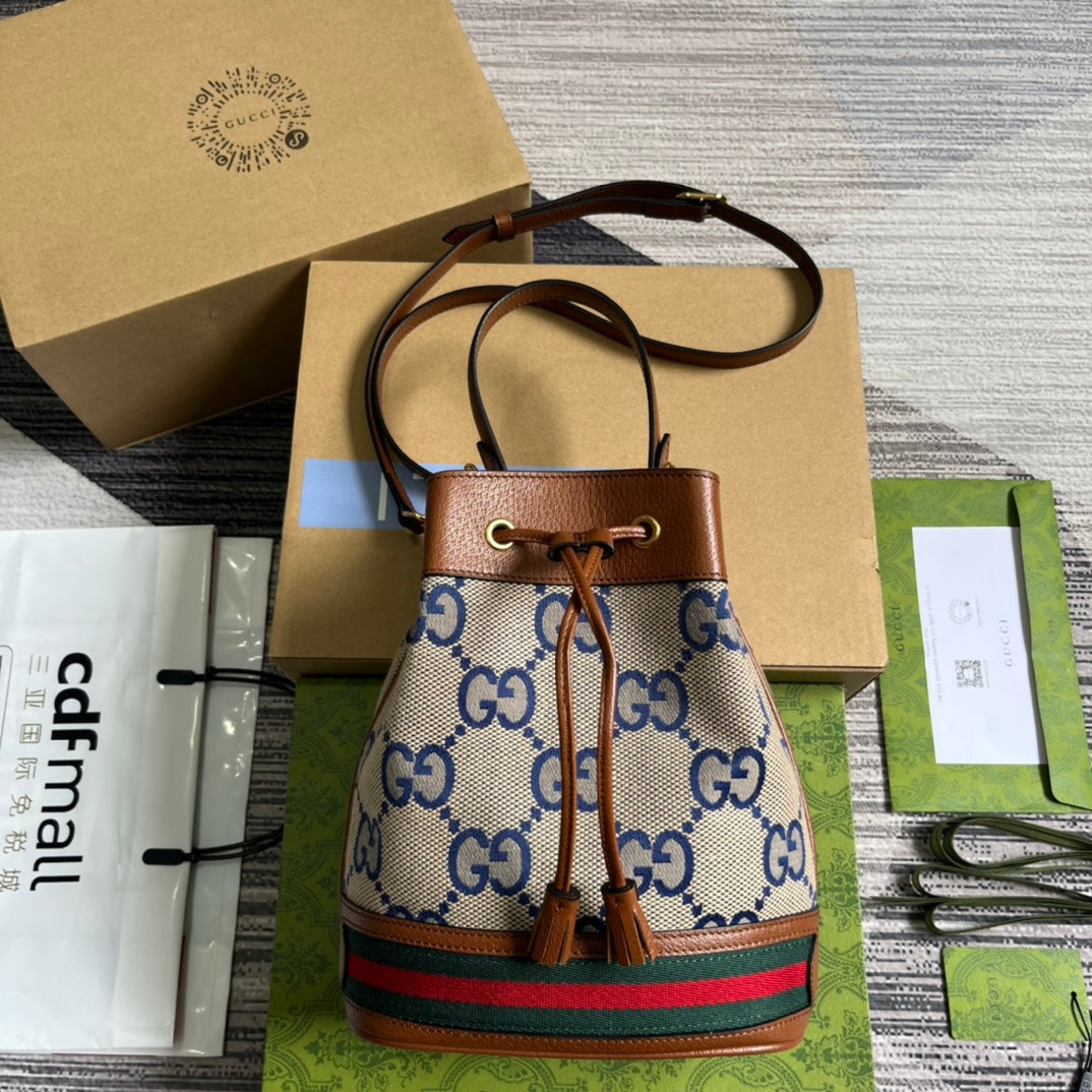 SAC SEAU GG OPHIDIA PETIT 26 EN TOILE BEIGE ET CUIR DE VEAU MARRON