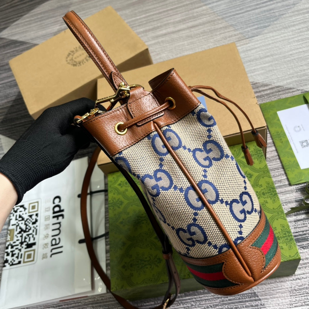 SAC SEAU GG OPHIDIA PETIT 26 EN TOILE BEIGE ET CUIR DE VEAU MARRON