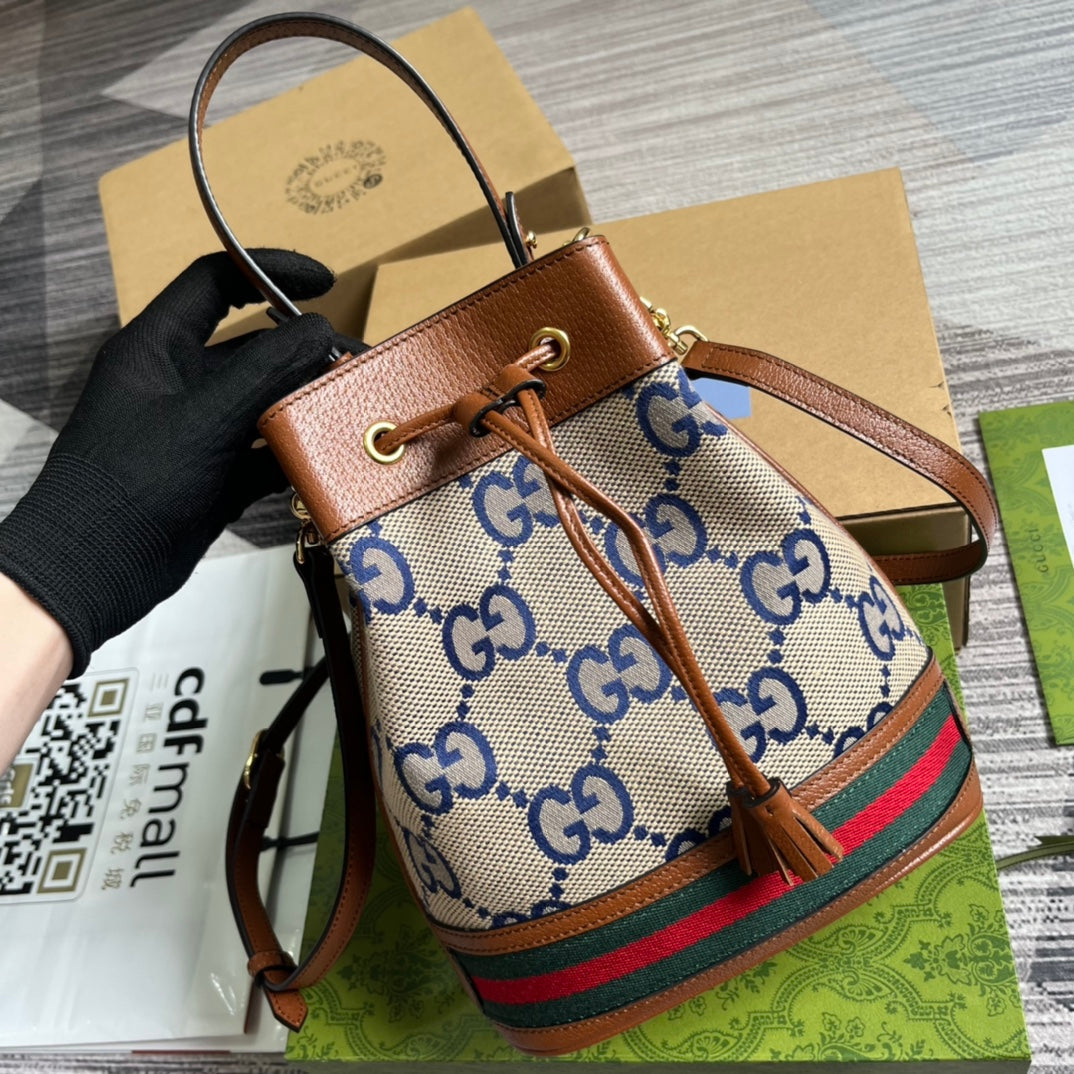 SAC SEAU GG OPHIDIA PETIT 26 EN TOILE BEIGE ET CUIR DE VEAU MARRON