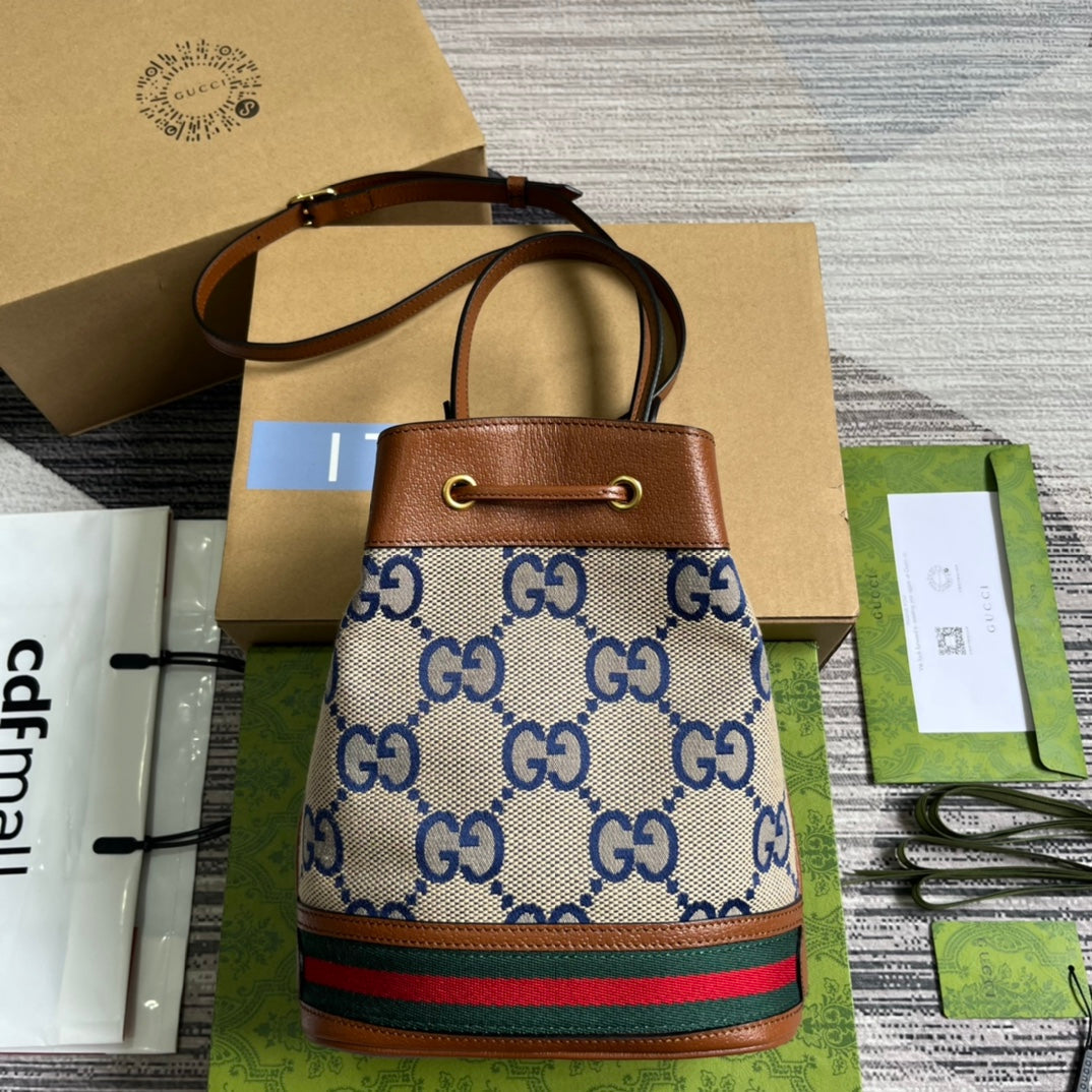 SAC SEAU GG OPHIDIA PETIT 26 EN TOILE BEIGE ET CUIR DE VEAU MARRON