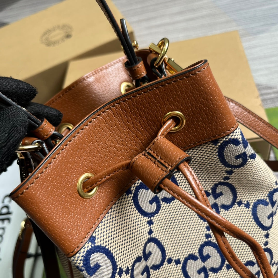 SAC SEAU GG OPHIDIA PETIT 26 EN TOILE BEIGE ET CUIR DE VEAU MARRON