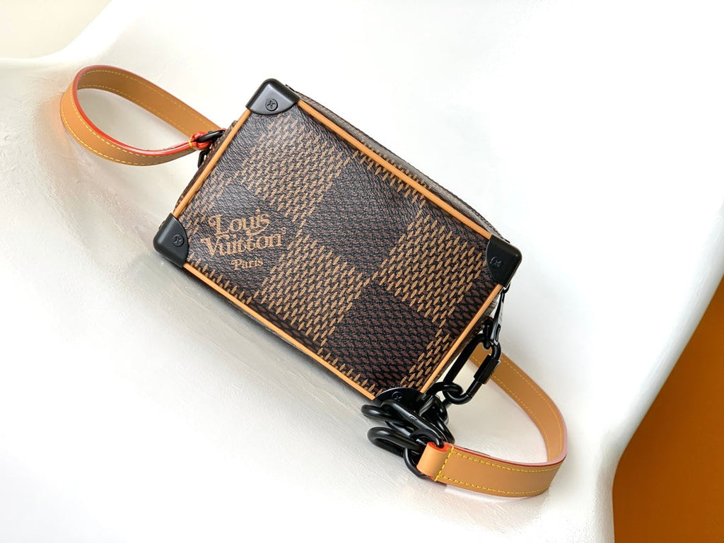 MINI COFFRE SOUPLE 18 PO EN TOILE ENDUITE DAMIER ÉBÈNE MARRON CHAÎNE NOIRE