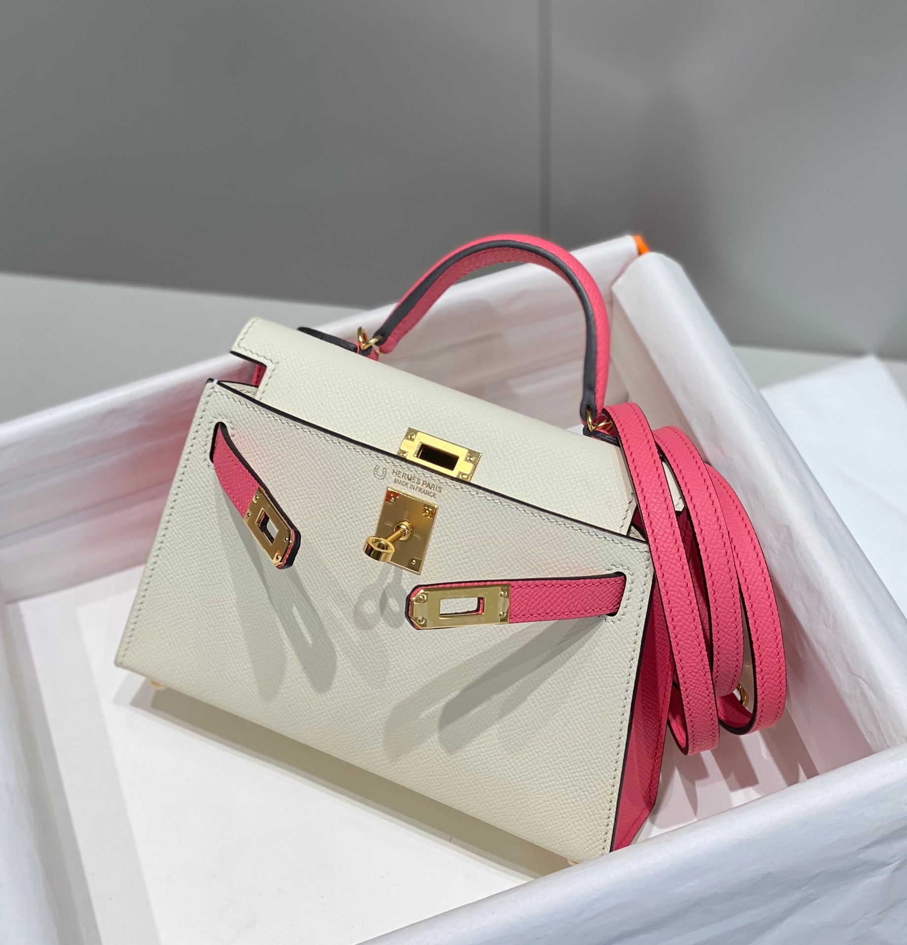 HM ミニ ケリー 19cm クリームピンク エプソムゴールド金具