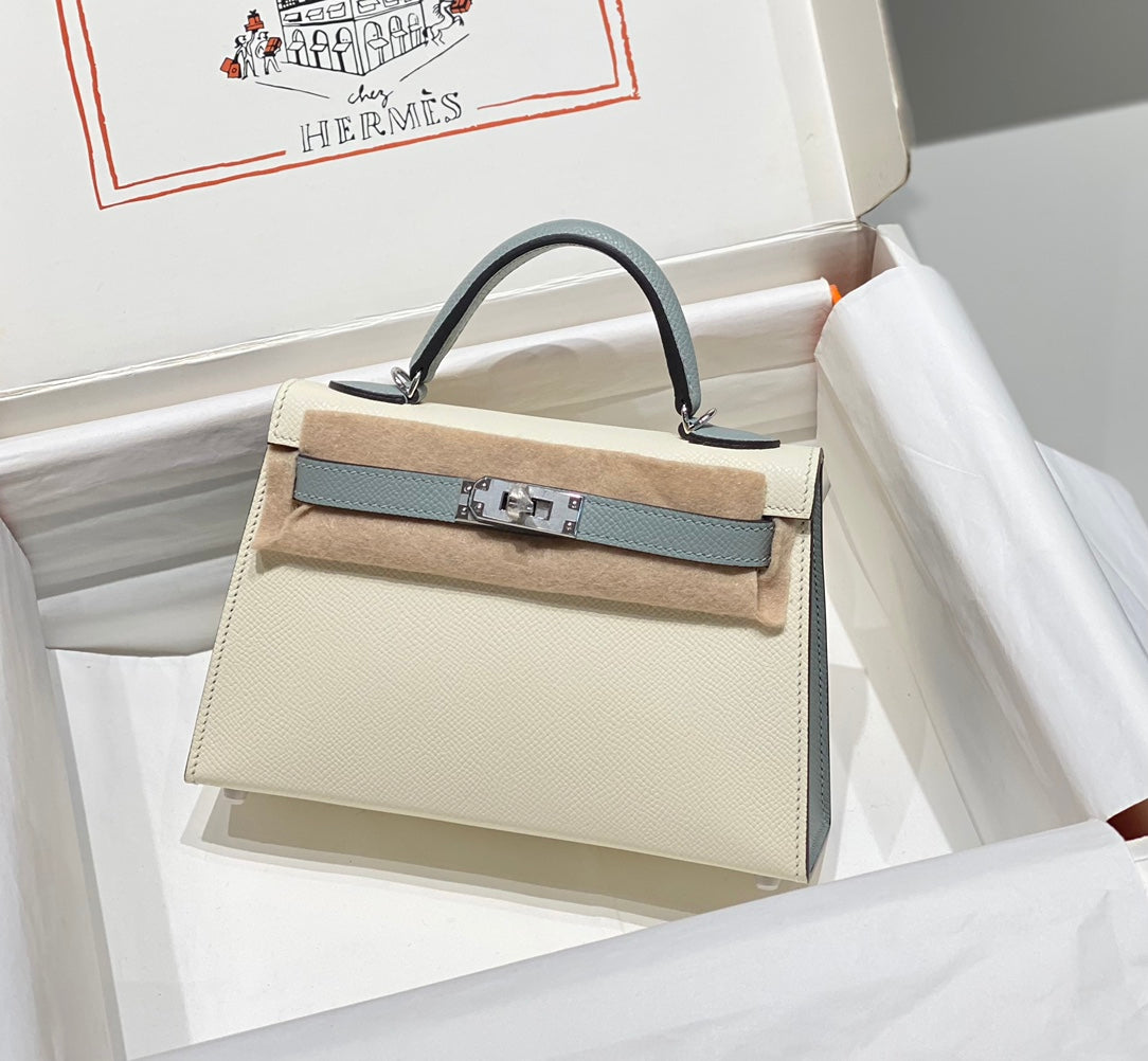 HM ミニ ケリー 19cm クリームクラウドブルー エプソム シルバー金具