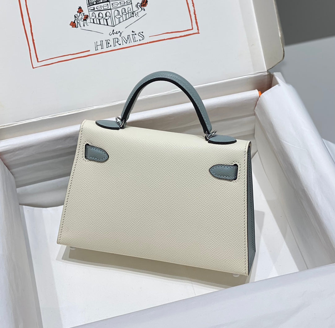HM ミニ ケリー 19cm クリームクラウドブルー エプソム シルバー金具