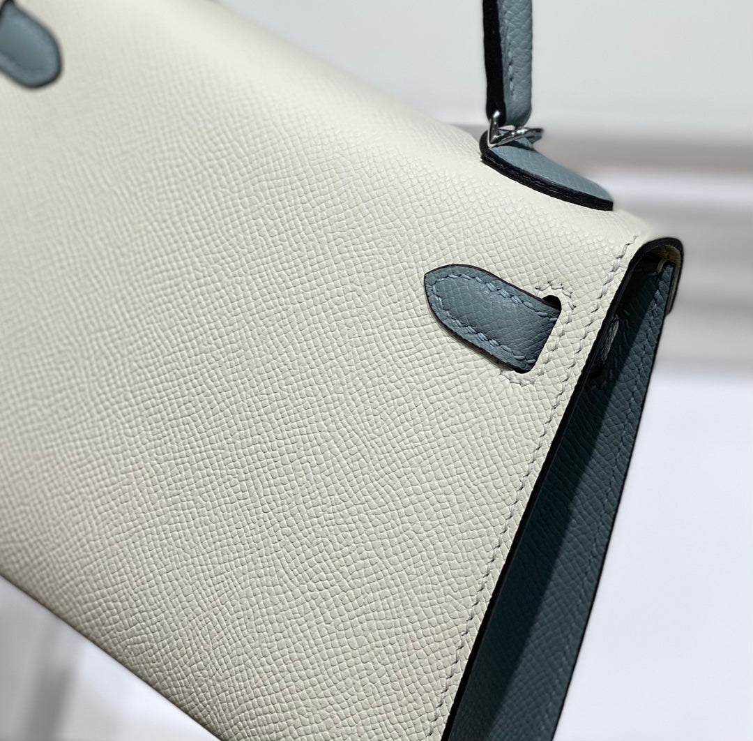 HM MINI KELLY 19CM CREAM CLOUD BLUE EPSOM SILVER HARDWARE