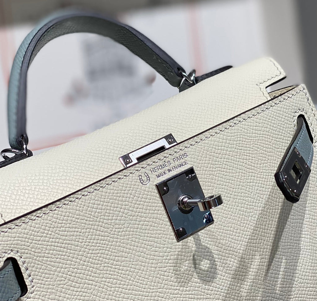 HM MINI KELLY 19CM CREAM CLOUD BLUE EPSOM SILVER HARDWARE
