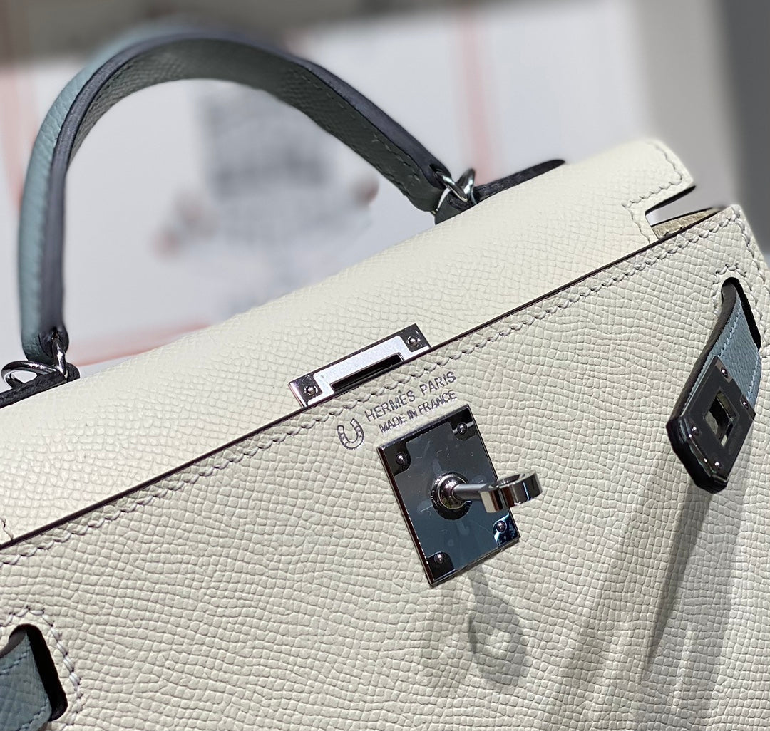 HM ミニ ケリー 19cm クリームクラウドブルー エプソム シルバー金具