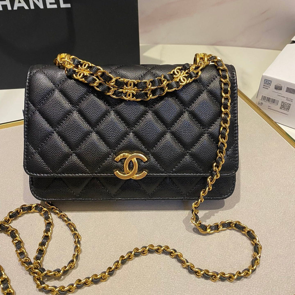 CC 24K WOC 19CM CUIR DE VEAU GRAINÉ NOIR QUINCAILLERIE OR