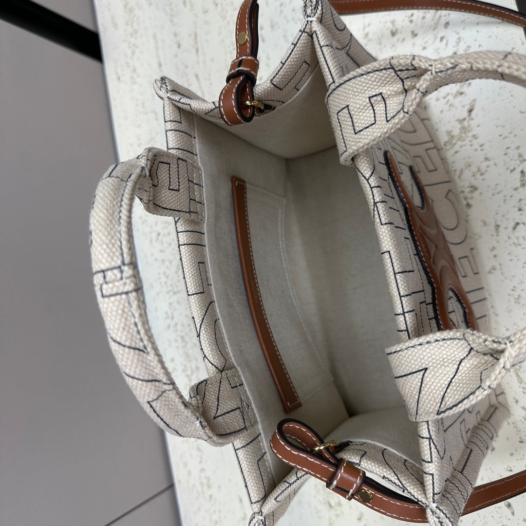 PETIT CABAS 26 TEXTILE GRIS MULTI LOGO TRIOMPHE CUIR DE VEAU