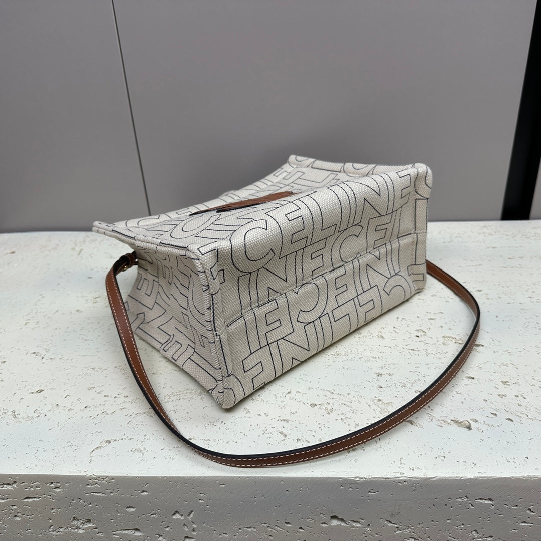 SMALL CABAS 26 GREY TEXTILE MULTI LOGO TRIOMPHE CALFSKIN