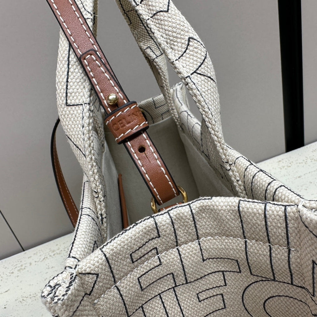 SMALL CABAS 26 GREY TEXTILE MULTI LOGO TRIOMPHE CALFSKIN