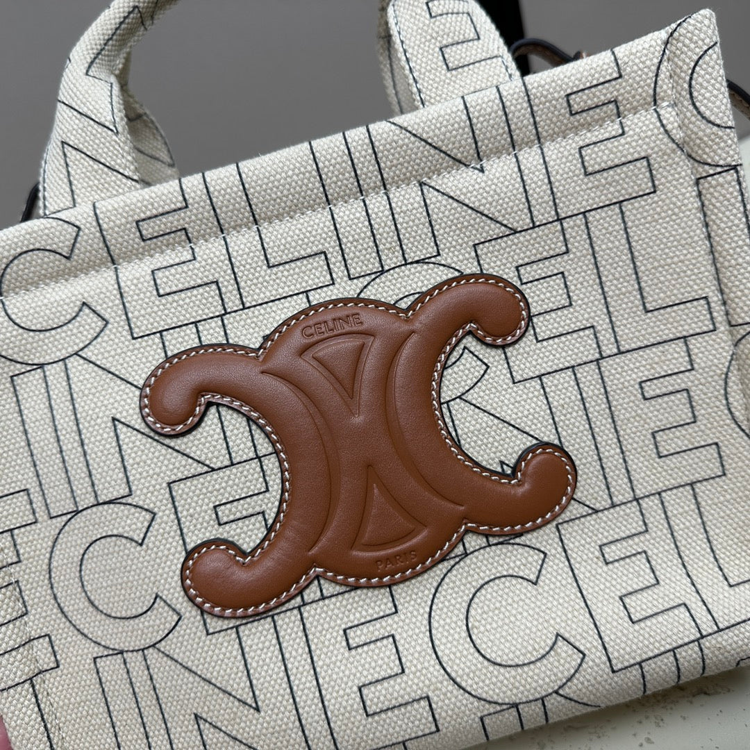 PETIT CABAS 26 TEXTILE GRIS MULTI LOGO TRIOMPHE CUIR DE VEAU