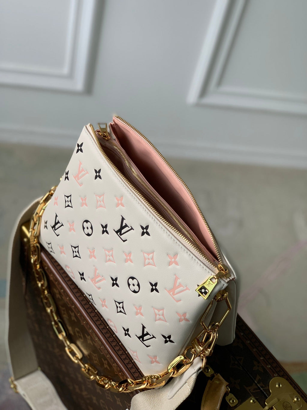 COUSSIN PM 26CM CREAM PINK BLACK MONOGRAM EMPREINTE CALFSKIN
