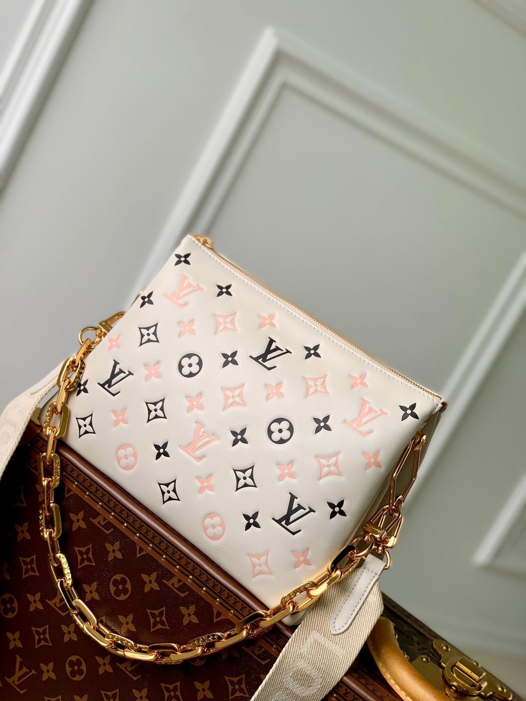 COUSSIN PM 26CM CREAM PINK BLACK MONOGRAM EMPREINTE CALFSKIN