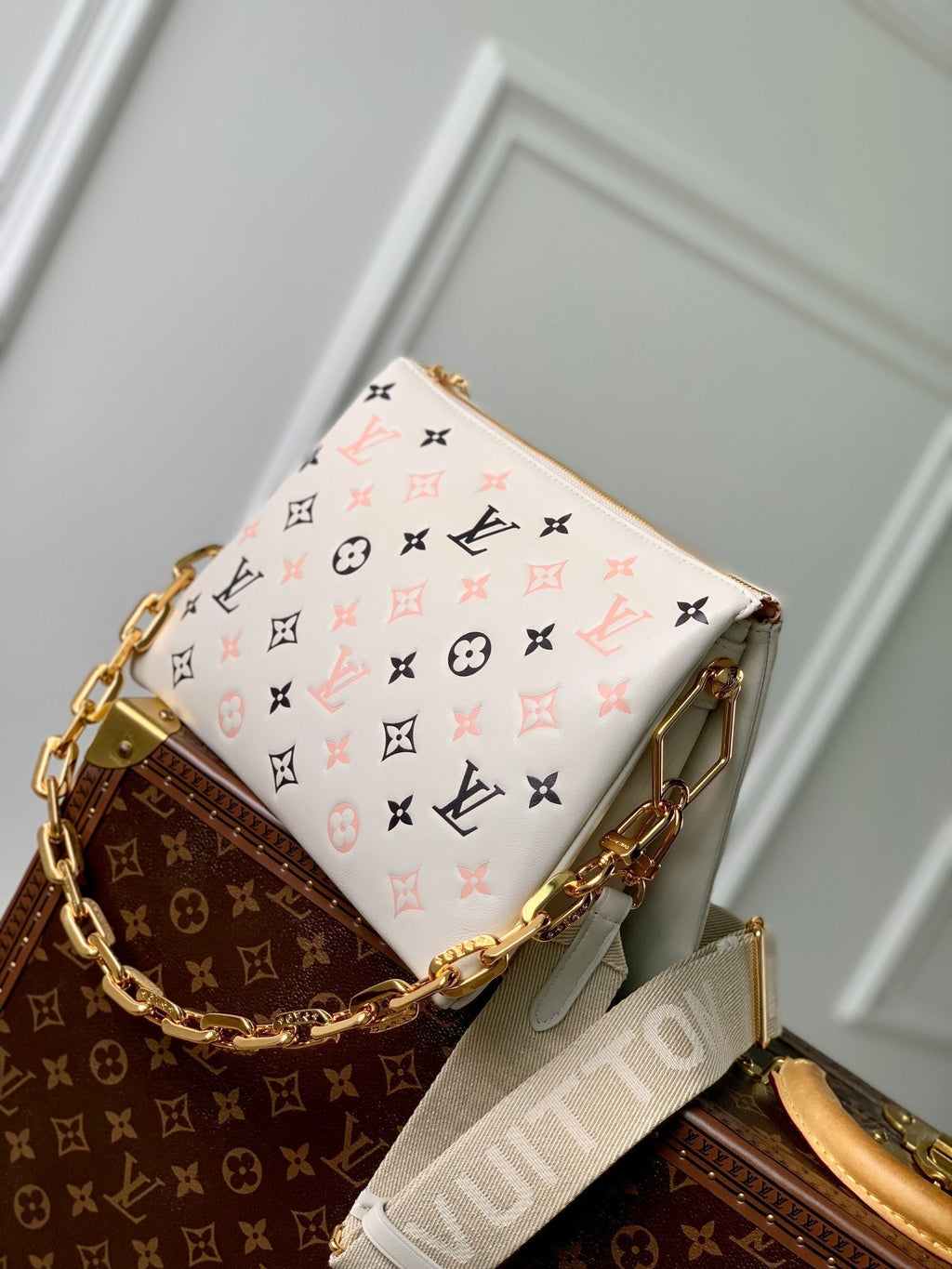 COUSSIN PM 26CM CREAM PINK BLACK MONOGRAM EMPREINTE CALFSKIN