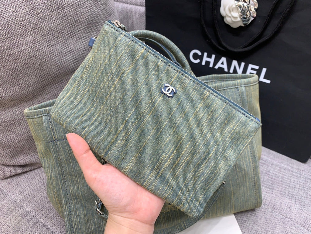 SAC CABAS CC DEAUVILLE 34 CM DENIM KAKI QUINCAILLERIE ARGENTÉE