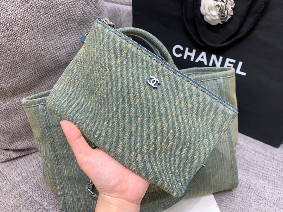 SAC CABAS CC DEAUVILLE 34 CM DENIM KAKI QUINCAILLERIE ARGENTÉE