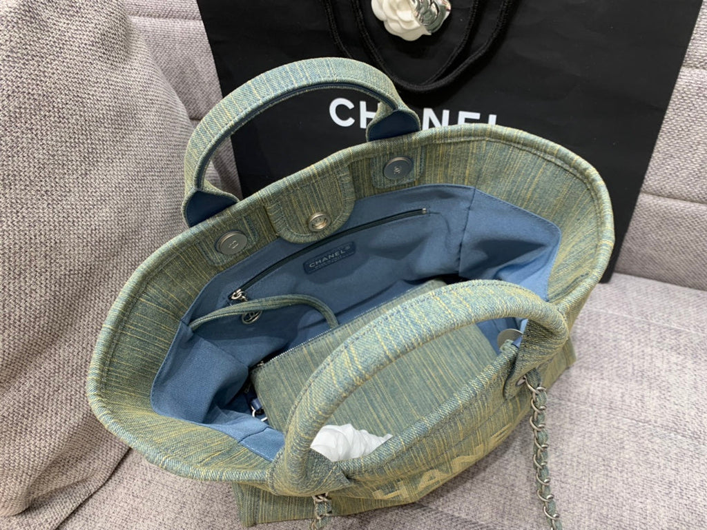 SAC CABAS CC DEAUVILLE 34 CM DENIM KAKI QUINCAILLERIE ARGENTÉE