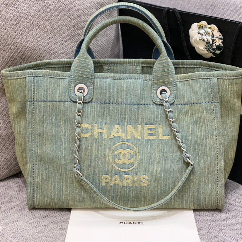 SAC CABAS CC DEAUVILLE 34 CM DENIM KAKI QUINCAILLERIE ARGENTÉE