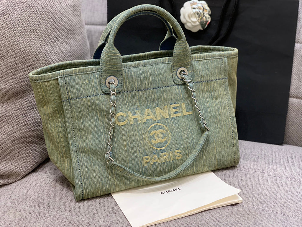 SAC CABAS CC DEAUVILLE 34 CM DENIM KAKI QUINCAILLERIE ARGENTÉE