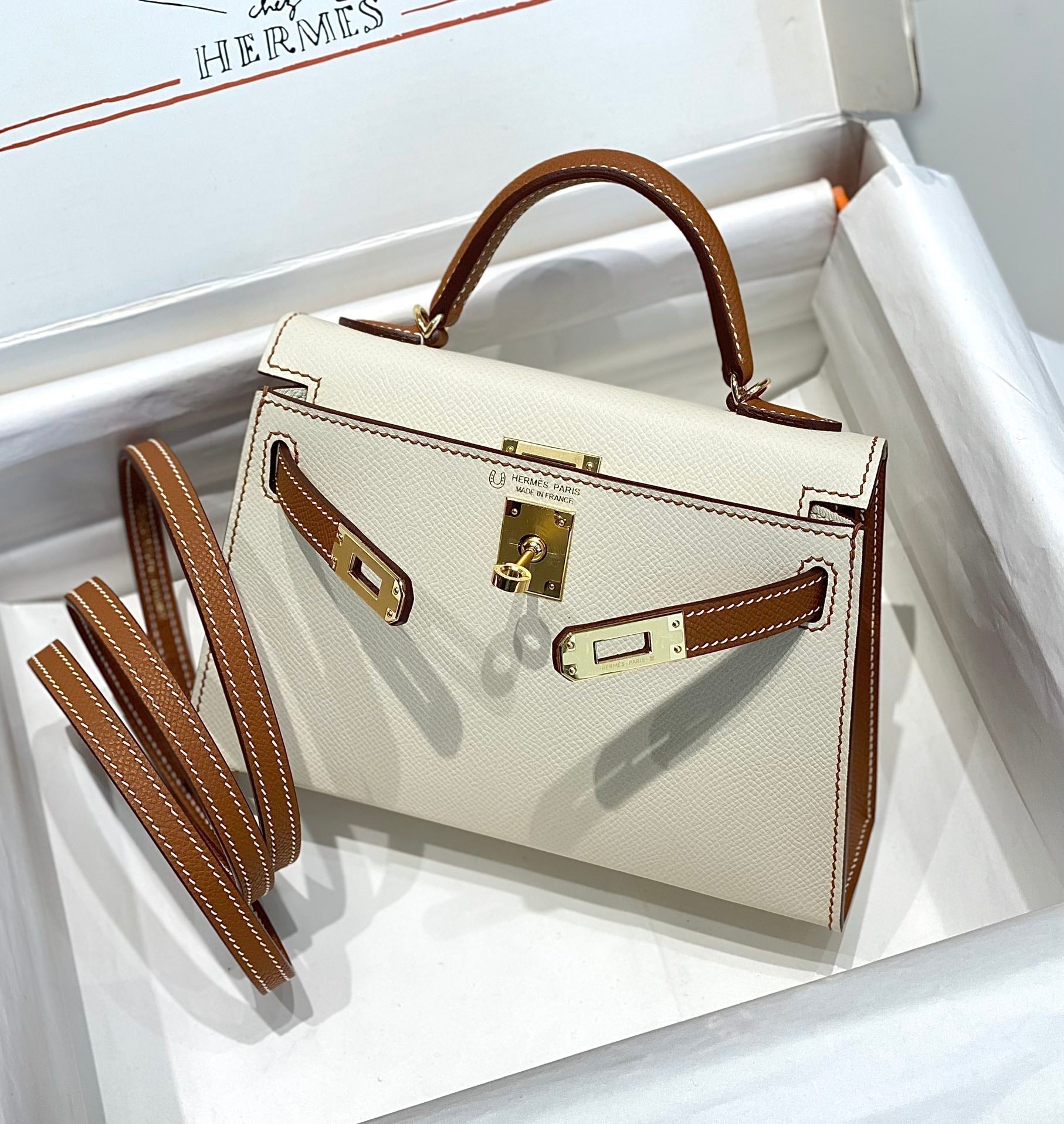 HM ミニ ケリー 19cm クリームゴールド エプソム シルバー金具