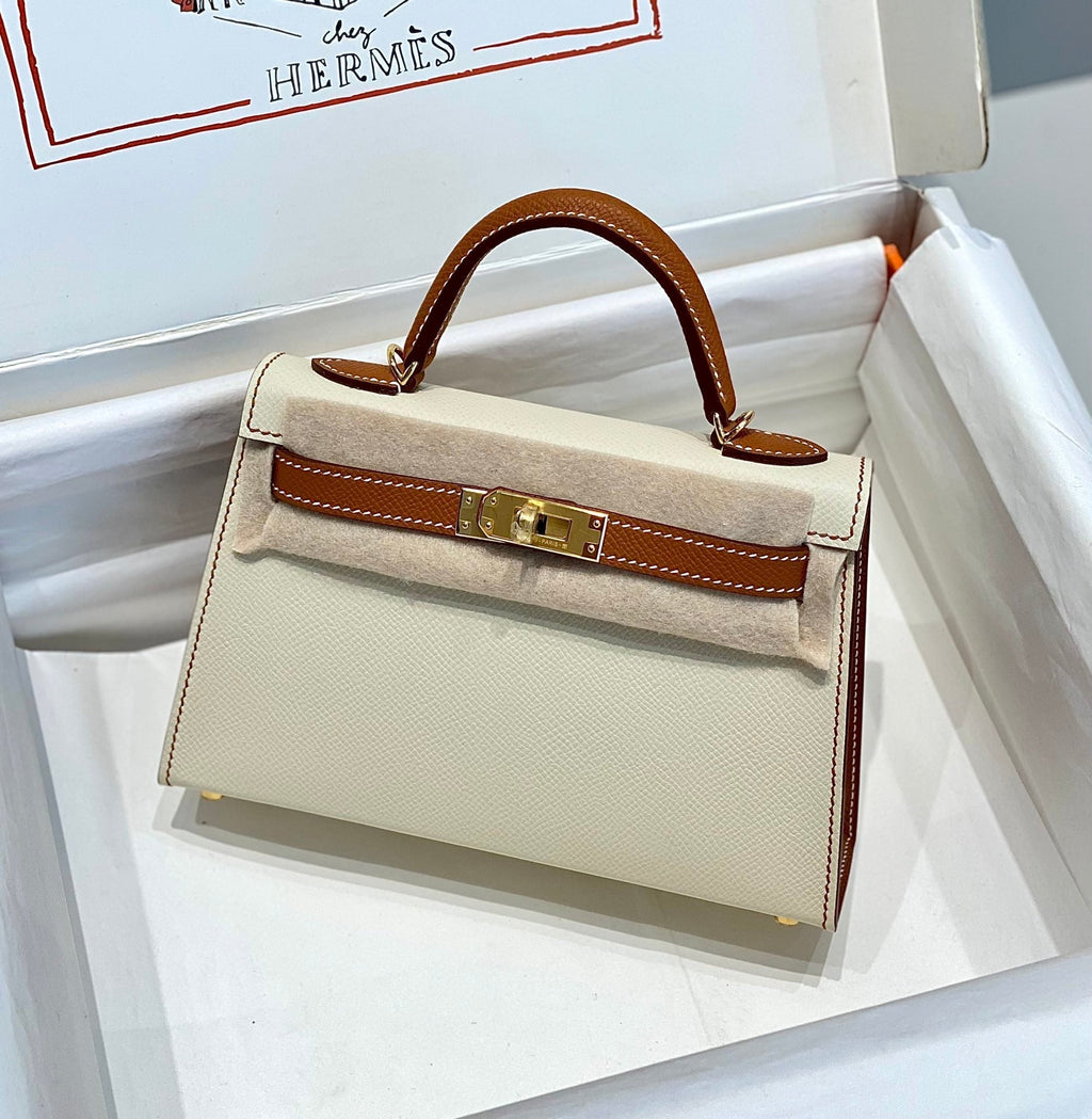 HM MINI KELLY 19CM CREAM GOLD EPSOM SILVER HARDWARE